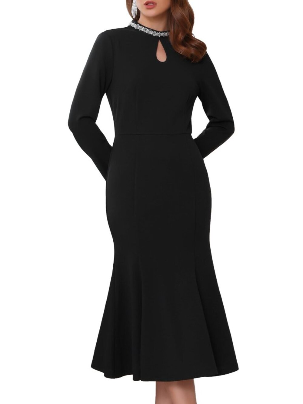 Medium Evening Fishtail Dress Long Sleeve Sequin Formal Cocktail Midi Black
